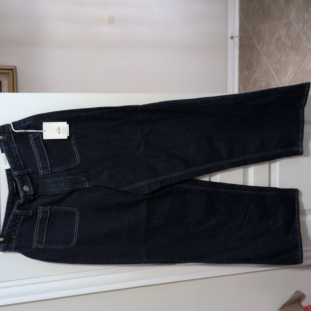 Women's Wide Leg Patch Pockets Dark Blue Jeans - Picture 4 of 6